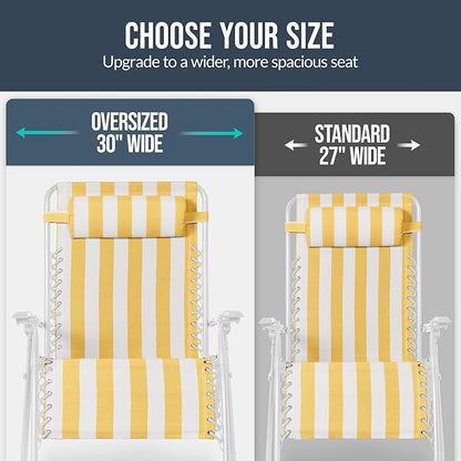 Best Choice Products Set of 2 Extra Wide Adjustable Steel Mesh Zero Gravity Lounge Chair Recliners w/Pillows and Cup Holder Trays - Marigold Stripes/White