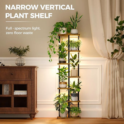 Bamworld Plant Stand with Grow Light for Indoor Plants Corner 7 Tier Metal Plant Shelf Wood Flower Stand for Home Living Room Decor Patio Decor