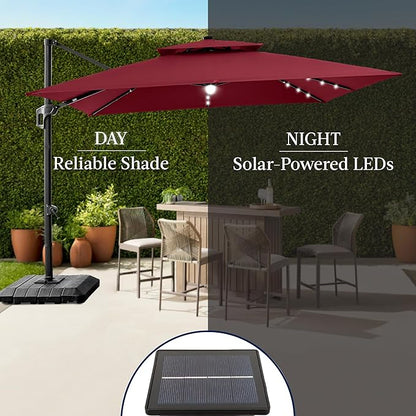 Best Choice Products 12x12ft LED Cantilever Patio Umbrella w/Base Included & 360° Rotation, Large Solar Offset Hanging Outdoor Sun Shade for Deck, Backyard Table w/Stand & Lights – Burgundy