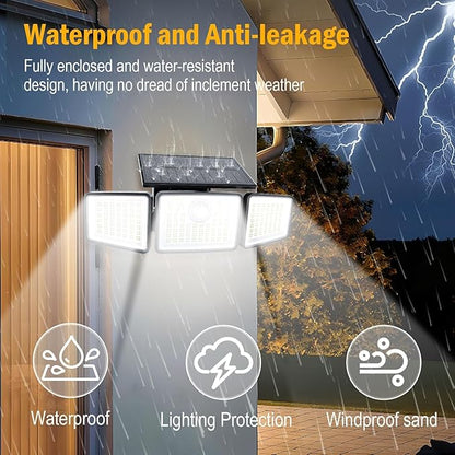 2500LM Solar Lights Outdoor with Motion Sensor,3 Head 270° Wide Angle Street Area Lights,IP65 Waterproof Security Lighting with 3 Modes(Remote,2 Pcs)