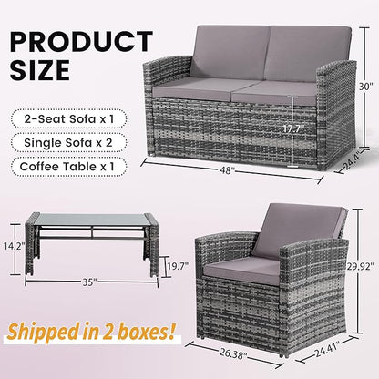 4-Piece Patio Furniture Set, Wicker Outdoor Rattan Sectional Sofa with Cushions and Glass Table, All-Weather Outdoor Conversation Set, Ideal for Garden, Porch, Backyard, Grey