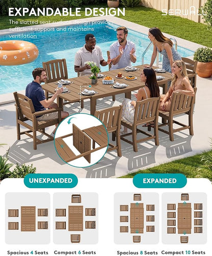 SERWALL 7-Piece Outdoor Dining Set, 60" - 83" Expandable Outdoor Dining Table and 6 HDPE Chairs, All Weather HDPE Outdoor Furniture Set for Backyard, Garden, Brown