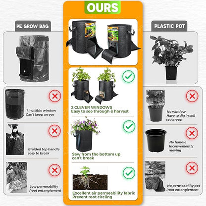[Upgraded] 4Pcs 15 Gallon Potato Grow Bags with Unique Harvest Window & Visible Window, Non-Woven Planter Pot with Sturdy Handle, Potato Growing Container, Plant Garden Bags to Grow Vegetables, Tomato