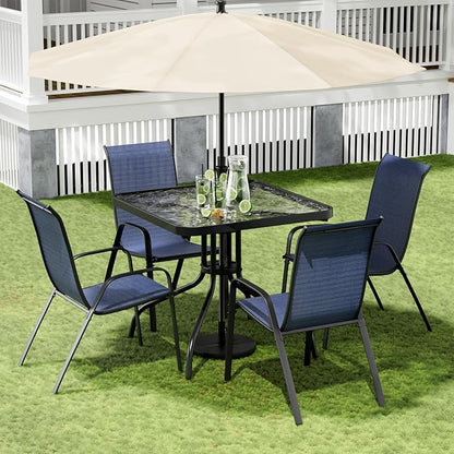 Arlopu 5 Piece Outdoor Patio Dining Set (Umbrella not Included), Porch Furniture with 4 Textline Chairs, 1 Square Glass Table for Garden, Backyard and Poolside, Lawn (Navy Blue)