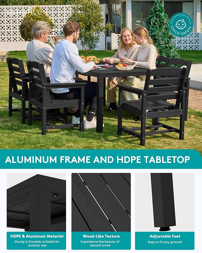 SERWALL 9-Piece Outdoor Dining Set, 60" - 83" Expandable Outdoor Dining Table and 8 HDPE Chairs, All Weather HDPE Outdoor Furniture Set for Backyard, Garden, Black