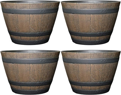 Classic Home and Garden Whiskey Plastic Resin Flower Pot Barrel Planter, Walnut Brown, 20.5" (Pack of 4)