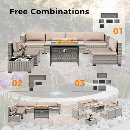 6-Seat Modern Outdoor Wicker Rattan Patio Furniture Set with 55,000 BTU Fire Pit Table, Thick 4″ Cushions, All-Weather Dual-Strand Rattan, Rust-Resistant Steel Frame,Beige