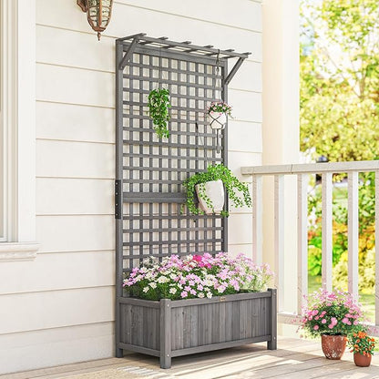 Outsunny Wood Planter with Trellis, Raised Garden Bed for Climbing Plants w/Drainage Holes and Roof, 35.5" x 17.75" x 72", Dark Gray