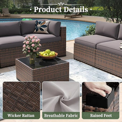 Aoxun 15 Piece Patio Furniture Set with 44” Fire Pit Table Wicker Rattan Outdoor Sectional Sofa Set with Coffee Table and Thickened Cushions, Grey (Waterproof Cover Included)