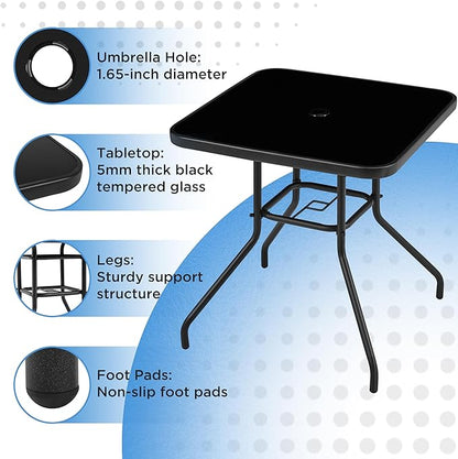 Yaheetech Outdoor Bistro Table with Umbrella Hole, 28in Patio Square Dining Table w/Silk Printing Glass Top, Weather-Resistant Patio Table for Garden Poolside Balcony Backyard, Black