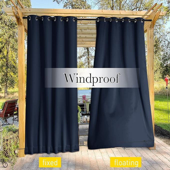 NICETOWN 2 Panels Outdoor Curtains for Patio Waterproof & Windproof, Extra Wide Grommet & Back Tab on Top & Bottom Thermal Insulated Sun Blocking Drapes with Rope for Deck, Navy Blue, W100 x L108