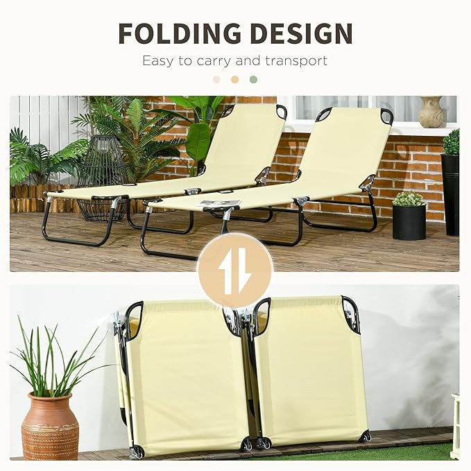 Outsunny 2 Piece Folding Chaise Lounge Pool Chairs, Outdoor Sun Tanning Chairs with 5-Level Reclining Back, Steel Frame for Beach, Yard, Patio, Beige