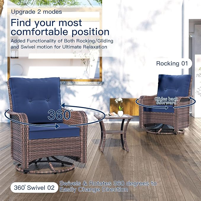 Kullavik 9 Pieces Outdoor Patio Furniture Set,PE Wicker Rattan Sectional Sofa Patio Conversation Sets with Swivel Rocking Chairs Set,Navy Blue
