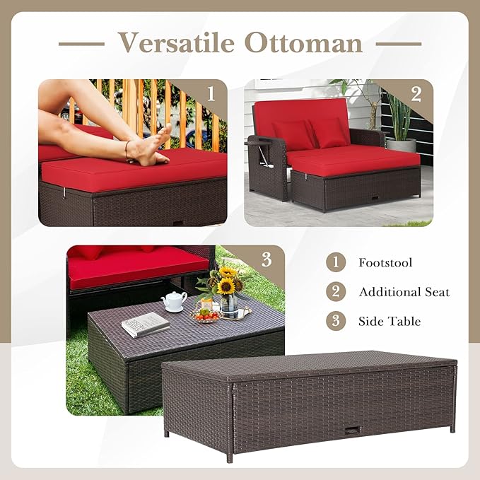 HAPPYGRILL Patio Rattan Wicker Daybed with Loveseat & Storage Ottoman, Outdoor Lounge Sofa Furniture Set with Adjustable Backrest & Side Trays, for Poolside Deck Porch Lawn (Mix Brown & Red)