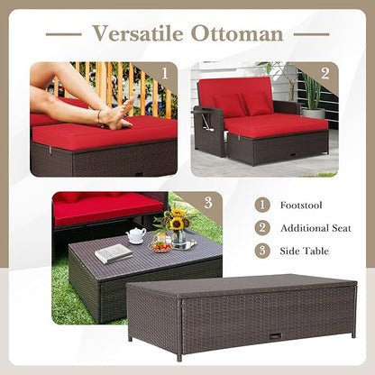 HAPPYGRILL Patio Rattan Wicker Daybed with Loveseat & Storage Ottoman, Outdoor Lounge Sofa Furniture Set with Adjustable Backrest & Side Trays, for Poolside Deck Porch Lawn (Mix Brown & Red)