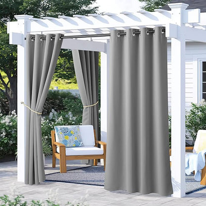 NICETOWN 2 Panels Outdoor Curtains for Patio Waterproof, Rustproof Grommet Blackout Waterproof Indoor Outdoor Curtains & Drapes Thermal Insulated for Cabana, Silver Grey, W52 x L72