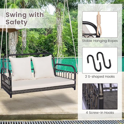 Tangkula Outdoor Wicker Porch Swing, 2-Person Hanging Seat with Seat & Back Cushions, Heavy-Duty Metal Frame & 2 Sturdy Hanging Ropes, Wicker Woven Swing Loveseat for Front Porch