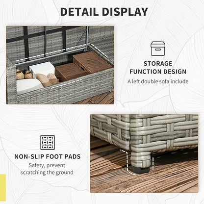 Outsunny 7 Piece Rattan Outdoor Patio Furniture Set, L-Shaped Sectional Sofa Conversation Set with Loveseats, Ottomans, Dining Table, Cushions, Storage, Mixed Gray