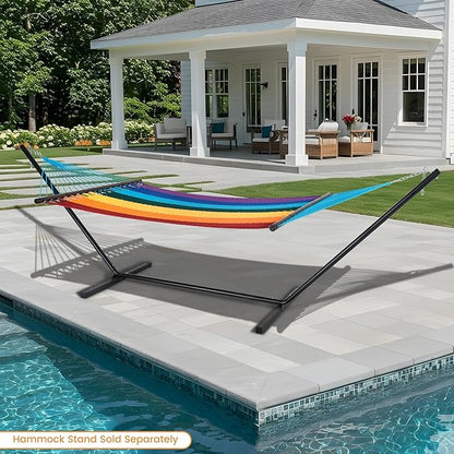Lazy Daze Hammocks 10.5 FT Double 2 Person Caribbean Rope Hammock, Hand Woven Polyester Hammock with Spreader Bars, for Outside Outdoor Backyard Patio Poolside, 450 LBS Capacity, Rainbow