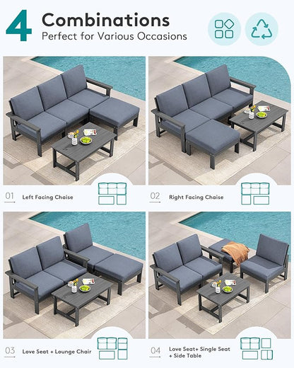 SERWALL Outdoor Sectional Sofa Set, 5-piece Outdoor Modula Couch Set with Ottoman, All Weather Patio Furniture Set with Chaise for Deck, Lawn, Gray Frame with Gray Cushion