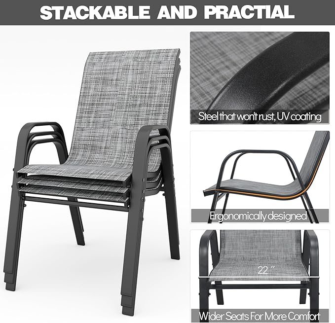 Patio Dining Chairs Set of 6, Stackable Dark Blue Textilene Mesh Seats