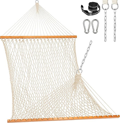 Lazy Daze Hammocks Double Rope Hammock, 2 Person Traditional Outdoor Hand Woven Cotton Rope Hammock with Spreader Bar, Carabiners, Tree Straps, Chains for Patio Yard - Max 450 Lbs, Natural
