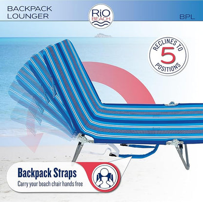 Rio Beach Portable Lay Flat Folding Backpack Beach Lounge Chair with Backpack Straps and Storage Pouch, Blue and Red
