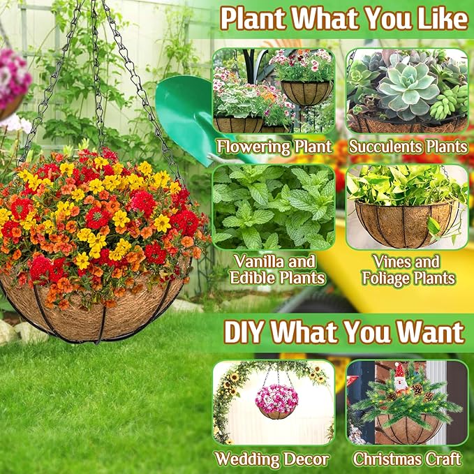 ZeeDix 12 Inch Hanging Baskets for Plants, 2 Pack Metal Round Hanging Planter with Coconut Liners Replacement, Hanging Flower Pots for Outdoor Indoor Plants Flowers Vegetables