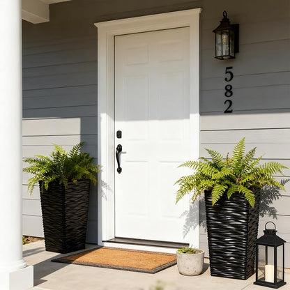 Worth Garden 2-Pack Black Tall Planter - Plastic Square Tapered Tree Plant Pots with Drainage Hole for Indoor Outdoor - 22" H Modern Wavy Finish Decorative Flower Pots for Front Porch Patio Deck