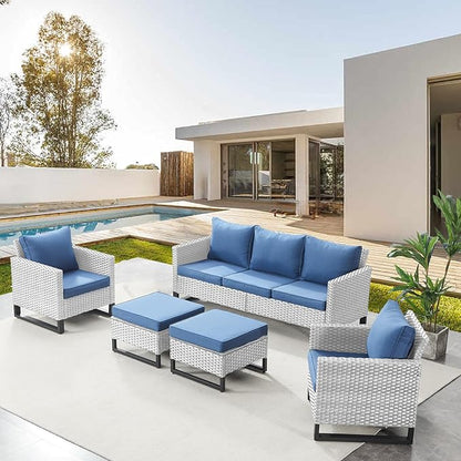 Belord Wicker Patio Furniture 5 Piece Outdoor Sofa Set, Oversize Outdoor Dining Chairs with Rattan Ottomans, Conversation Sets Patio Furniture Come with Removable Washable Cushion Blue, Light Grey