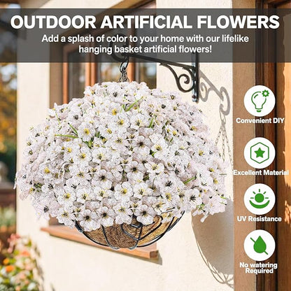 22 Pack Artificial Flowers Outdoor Fake Plants, Faux Flowers UV Resistant with Plastic Plants, Faux Silk Flowers for Outdoors Outside Front Porch Hanging Planter Window Box Garden Decoration(White)