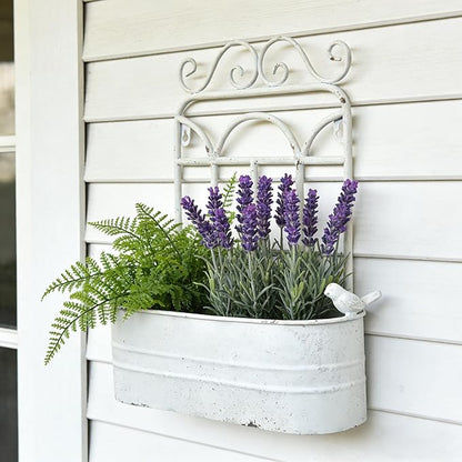 Rustic Metal Wall Planter Vintage Wall Mounted Flower Pot Distressed Wall Hanging Plant Basket Farmhouse Wall Decor for Indoor Outdoor Garden Home Yard (White)