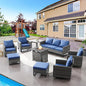 Belord Patio Furniture Set with Fire Pit Table: 9 Pieces Wicker Oversize Patio Conversation Set with Outdoor Swivel Glider Rocker Rattan Couch Ottomans, Anti-Rust Frame, Removable Cushion Blue