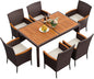 Flamaker 7 Piece Patio Dining Set Outdoor Acacia Wood Table and Chairs with Soft Cushions Wicker Patio Furniture for Deck, Backyard, Garden (Brown)