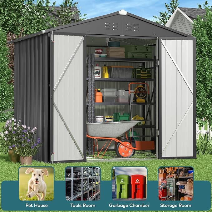Storage Shed 8 x 6 FT, Dark Gray Galvanized Steel with Lockable Doors