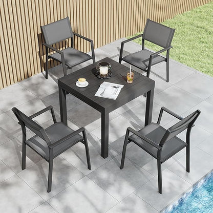 5 Pieces Outdoor Dining Set, Never-Rust Aluminum Expandable Patio Dining Table Set, 32"-65" Extendable Dining Table and Stackable Textilene Dining Chairs for Backyard, Deck, Indoor, Black