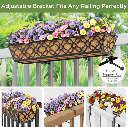 Y&M 4pcs 30" Horse Trough Window Boxes with Coconut Coir Liner, Black Metal Hanging Flower Planter Deck Railing Planter Boxes for Outdoor Indoor