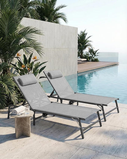 2 Pack Foldable Chaise Lounge Chair with Cup Holder, Assemble-Free Outdoor Lounge Chair with Detachable Pillow and 6 Adjustable Backrest, Patio Lounge Chair for Outside Poolside Beach Pool, Grey