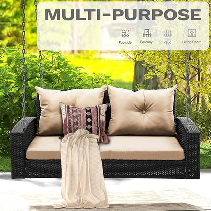 DWVO Wicker Hanging Porch Swing Chair Outdoor Brown Rattan Patio Swing Lounge w/ 2 Back Cushions Capacity 530lbs for Garden, Balcony, Living Room, Beige