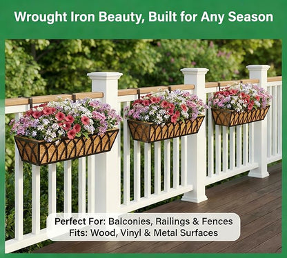 Y&M 30 Inch Fence Metal Hanging Flower Planter Window Basket Deck Railing Planter Boxes for Outdoor Garden Lawn, Window Deck with Coco Liner,6pcs