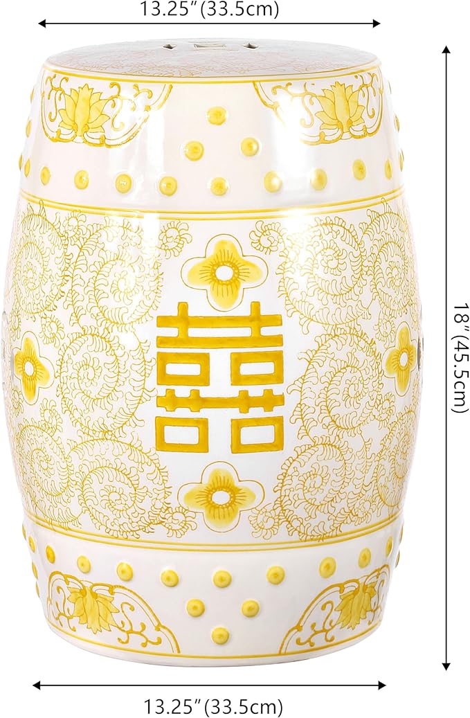 Decorative Garden Stools, 18-Inch Ceramic Drum Seat in Yellow and White
