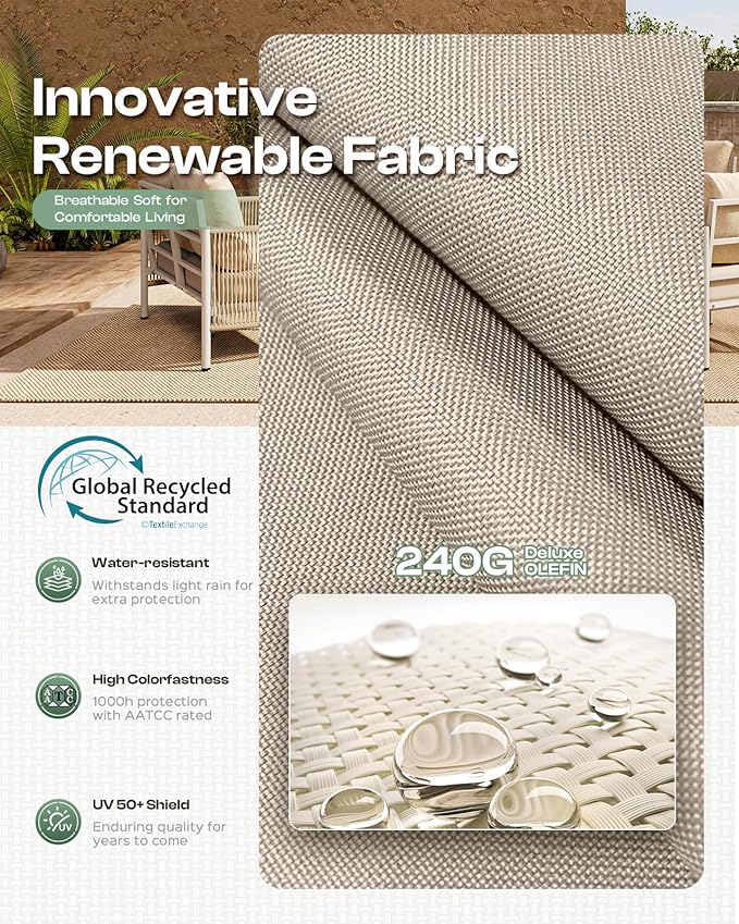 Aluminum Outdoor Patio Couch, 3 Seats HDPE Rope Patio Sofa with Washable Thick Cushion, All-Weather Patio Furniture for Balcony, Yard, Silver Frame, Beige