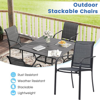 VICLLAX 7 Pieces Patio Dining Set for 6, Outdoor Furniture Set Includes 59" Rectangle Outdoor Table and 6 Stackable Patio Sling Chairs, Black Tabletop and Grey Fabric