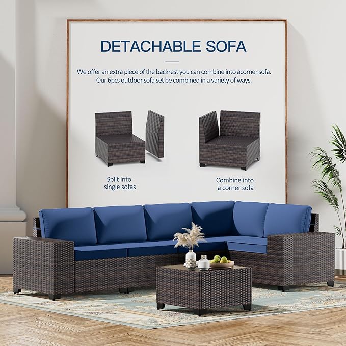 Kullavik 7 Pieces Outdoor Patio Furniture Set with 43" 55000BTU Gas Propane Fire Pit Table PE Wicker Rattan Sectional Sofa Patio Conversation Sets,Navy Blue