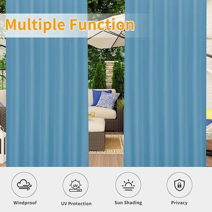 Easy-Going Outdoor Patio Curtains Detachable Tab Top Windproof Weatherproof Curtain for Cabana, Porch, Pergola and Gazebo, Tab Bottom Drape, 2 Panels, 54W x 108L inch, Sky Blue