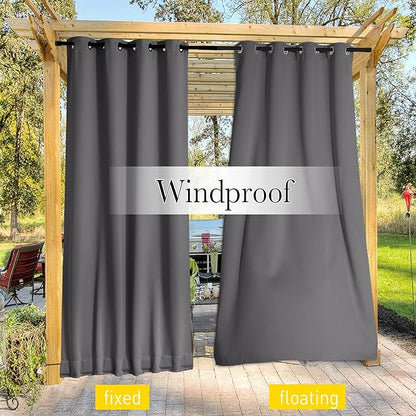 NICETOWN 2 Panels Outdoor Curtains Waterproof Grommet & Back Tab on Top & Bottom, Thermal Insulated Fixed Windproof Blackout Outdoor Drapes Privacy for Patio with Rope for Fixed, W52 x L95, Grey