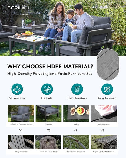 SERWALL HDPE Patio Furniture Set, 7-piece Outdoor Sectional Sofa Set, All Weather Outdoor Couch Set for Deck, Lawn, Grey Frame with Grey Cushion