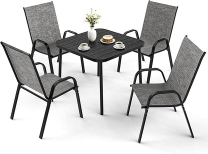 Pamapic Outdoor Dining Sets for 4, Square Steel Slat Table with 4 Textilene Chairs, 5 Piece Patio Table and Chairs Set with Adjustable Umbrella Hole for Patio,Garden, Backyard, and Poolside (Grey)
