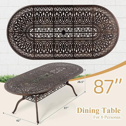 Outdoor Patio Dining Table - All-Weather Cast Aluminum 87" x 28.5“ Oval Patio Table with 2" Umbrella Hole for Balcony Lawn Garden Backyard
