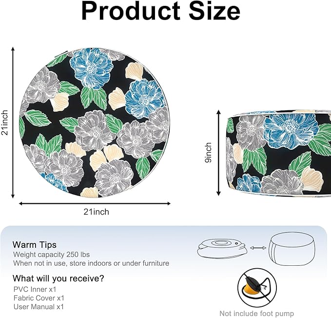 Inflatable Ottoman Stool D21 xH9 for Outdoor/Indoor Use, Water Repellent Patio Foot Rest with Portable Handle,Round Pouf Ottoman Suitable for Garden,Deck and Camping-Peony Garden